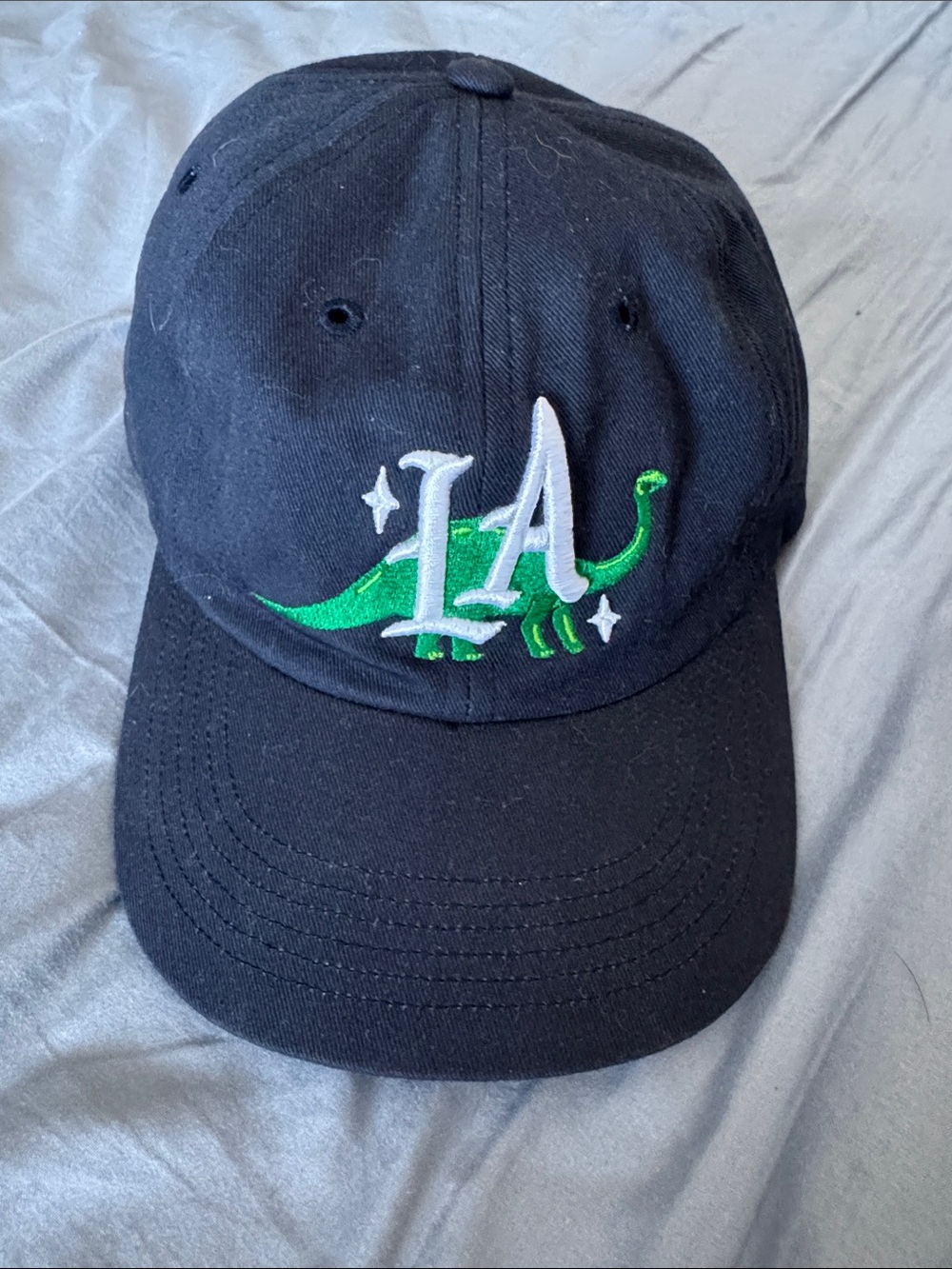 Unisex Navy Ball Cap Embroidered Green Brontosaurus Dinosaur LA Los Angeles OS